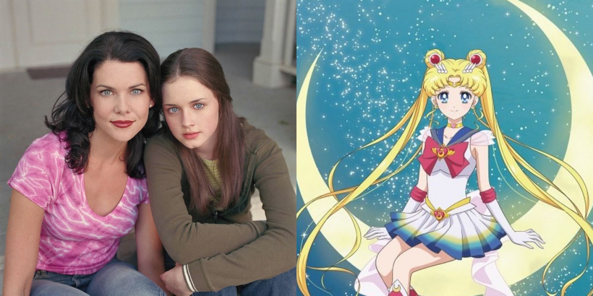 Split image showing Lorelai and Rory, and Sailor Moon sitting on the moon