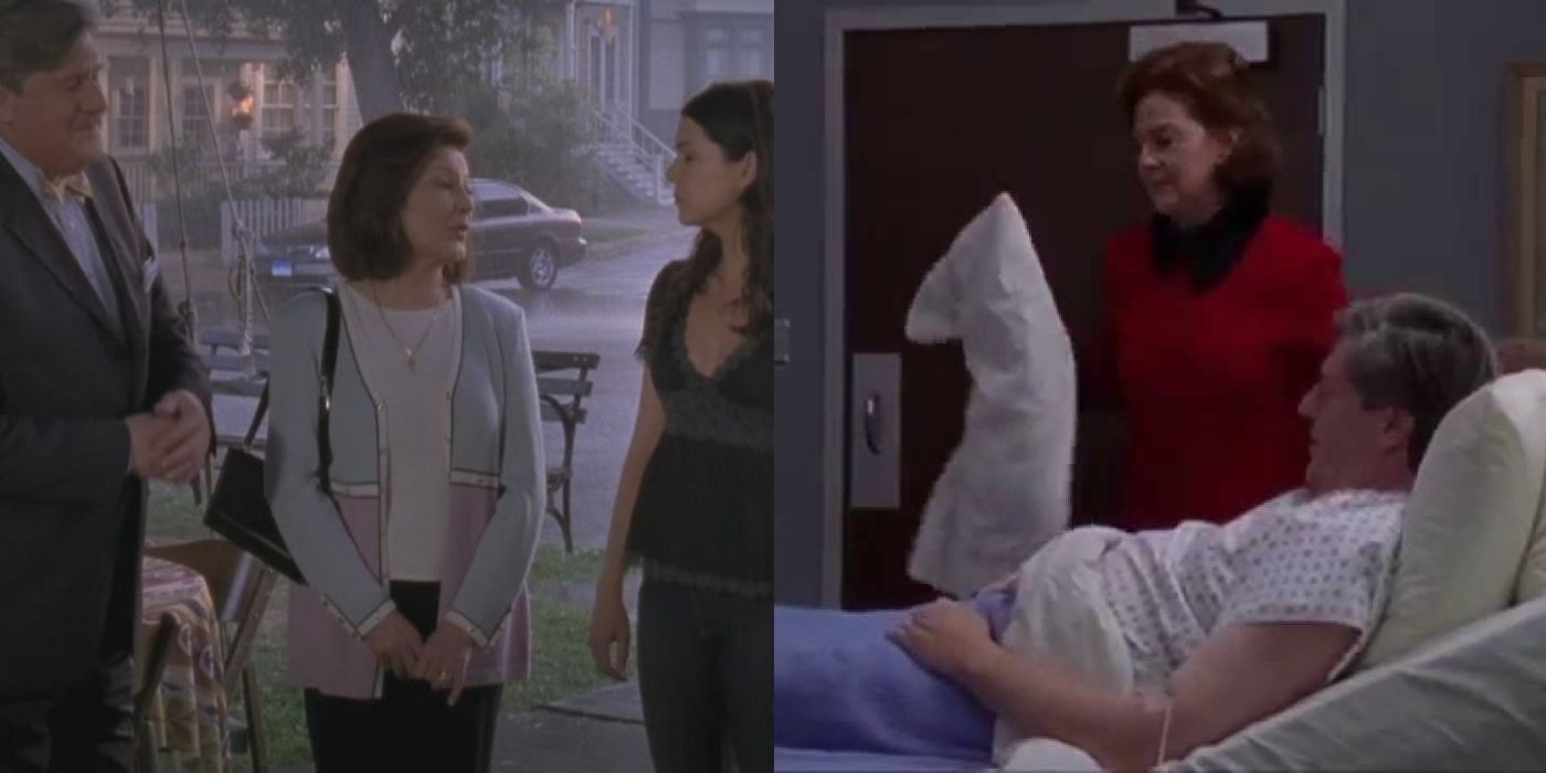 Richard, Emily, and Lorelai at Rory's goodbye party in season 7 and Emily with Richard during his hospital stay in season 1 of Gilmore Girls