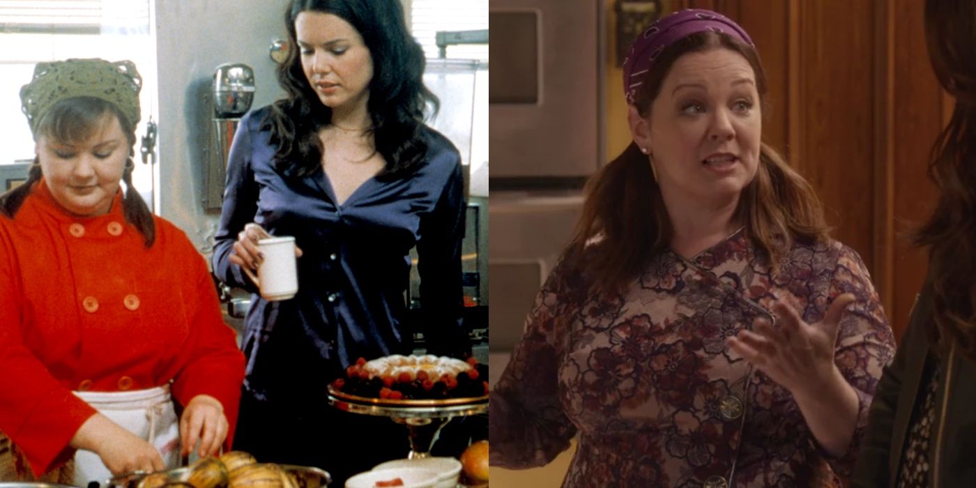 Split featured image of Sookie and Lorelai in the Dragonfly Inn kitchen and Sookie in the revival of Gilmore Girls