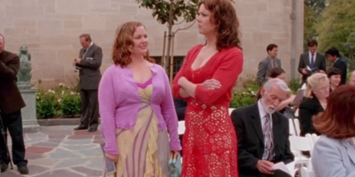 Sookie and Lorelai standing outside at Rory's Chilton graduation on Gilmore Girls