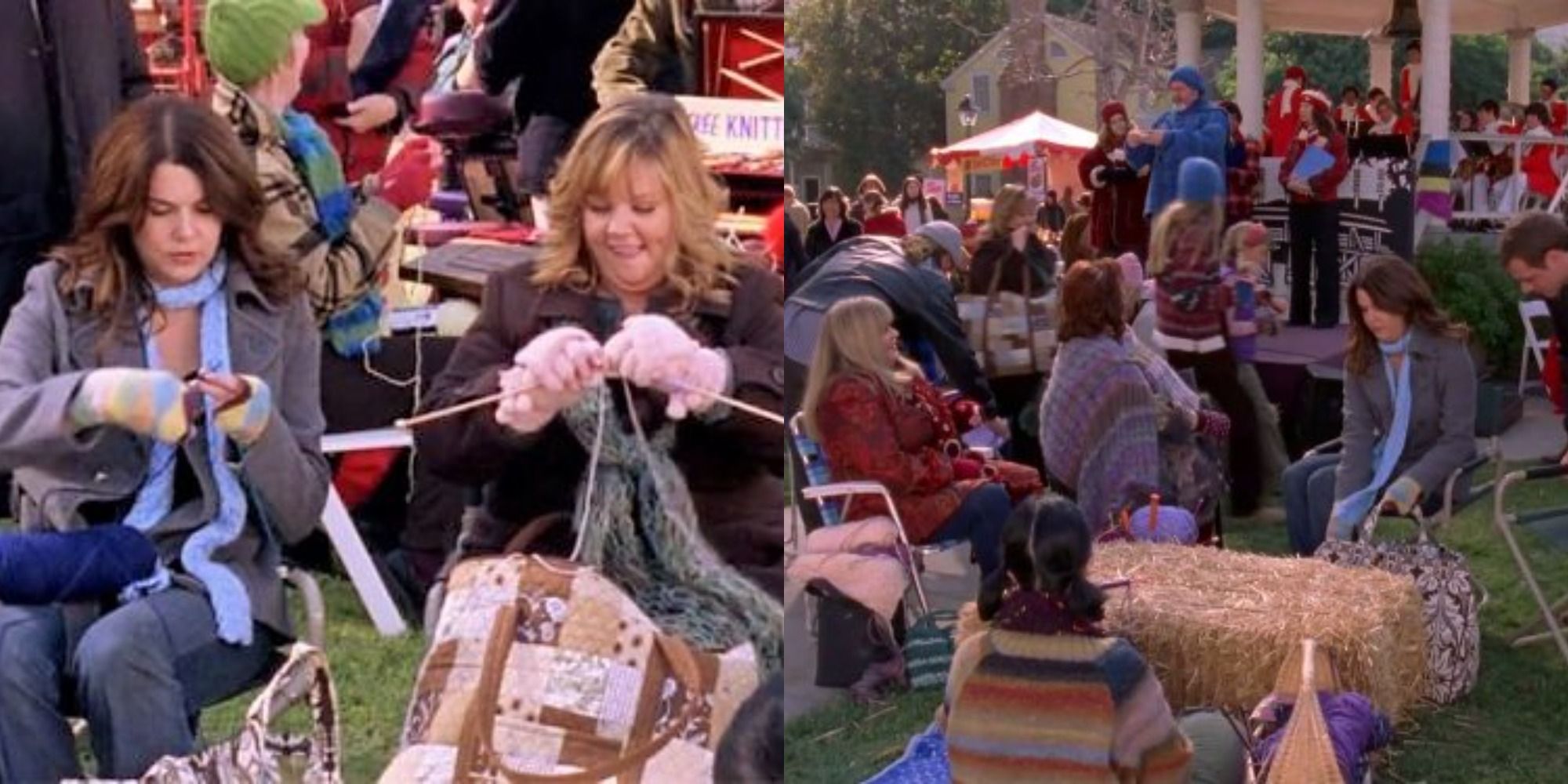Split image showing Lorelai and Sookie knittinfg, and multiple Stars Hollow inhabitants on the town square