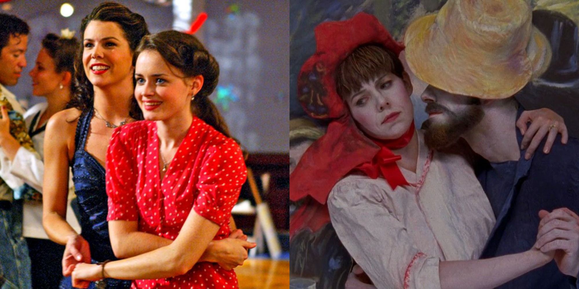 Split image showing Lorelai and Rory at the dance marathon, and Lorelai in the Festival of Living Art