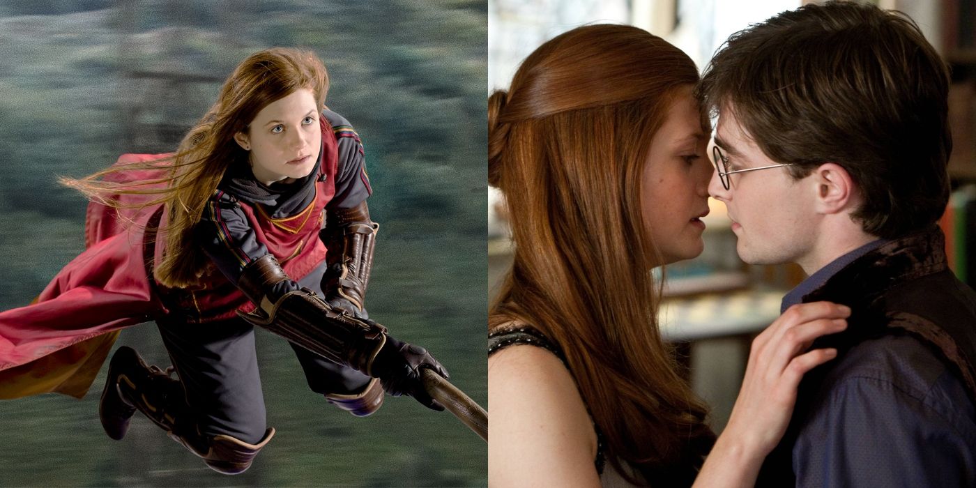 Ginny Weasley playing Quidditch next to image of Ginny kissing Harry Potter