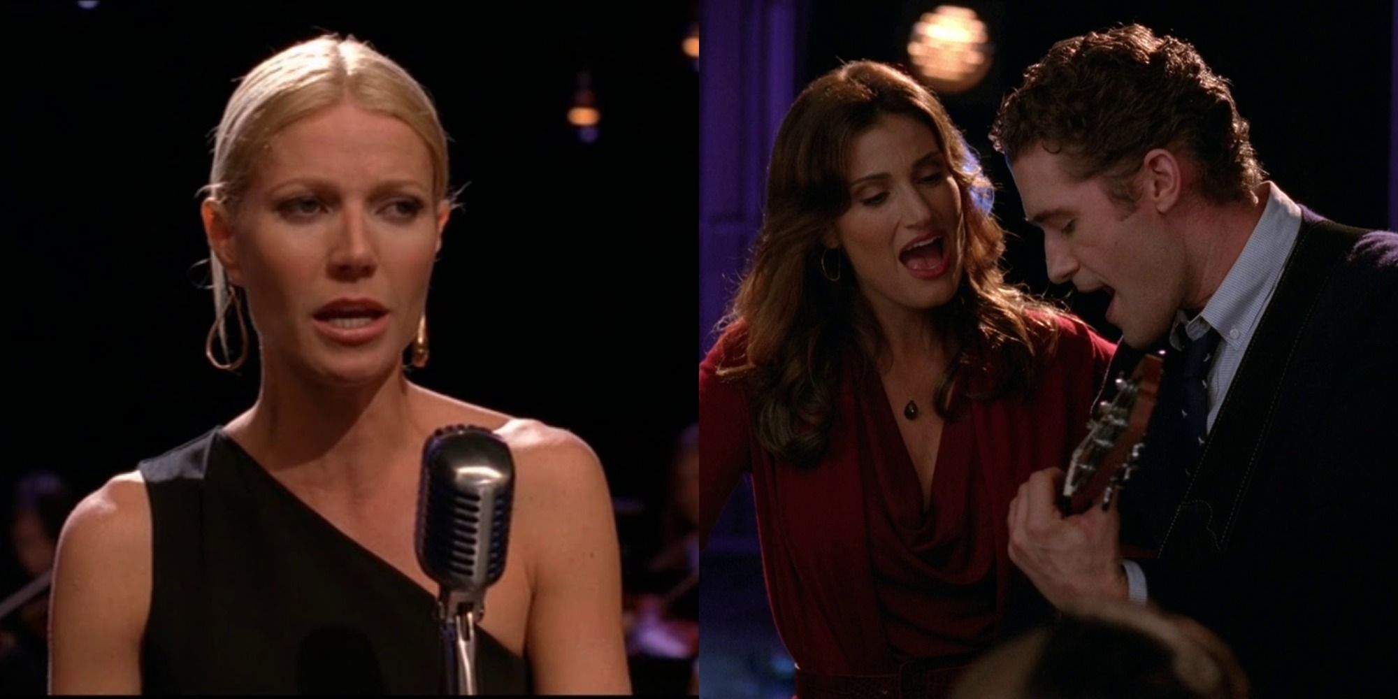 Split image of Holly Holiday singing in the auditorium and Shelby and Will perfoming together