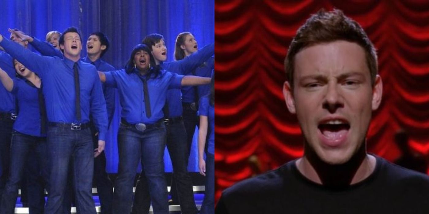 Split image of Glee kids singing on stage and Finn singing close-up
