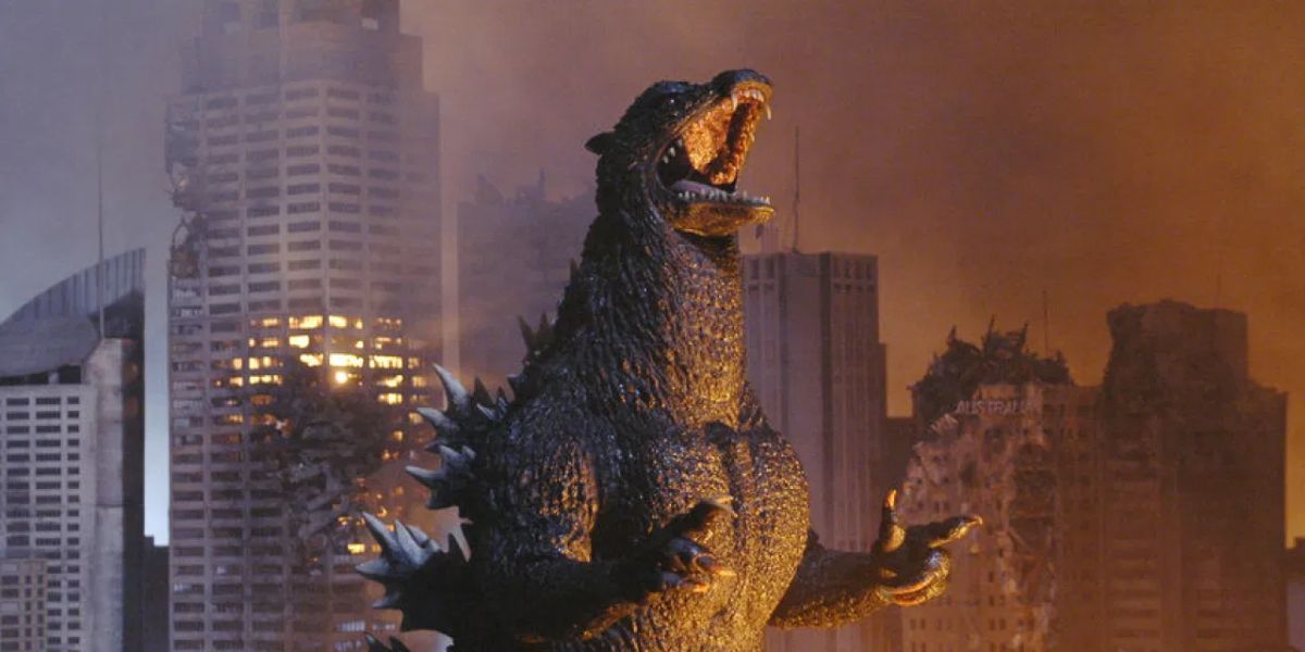 Godzilla roars in a ruined city in Godzilla: Final Wars.