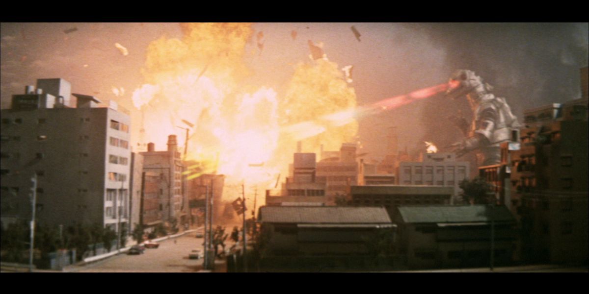 Mechagodzilla attacks a city with his deadly lasers in Terror of Mechagodzilla.
