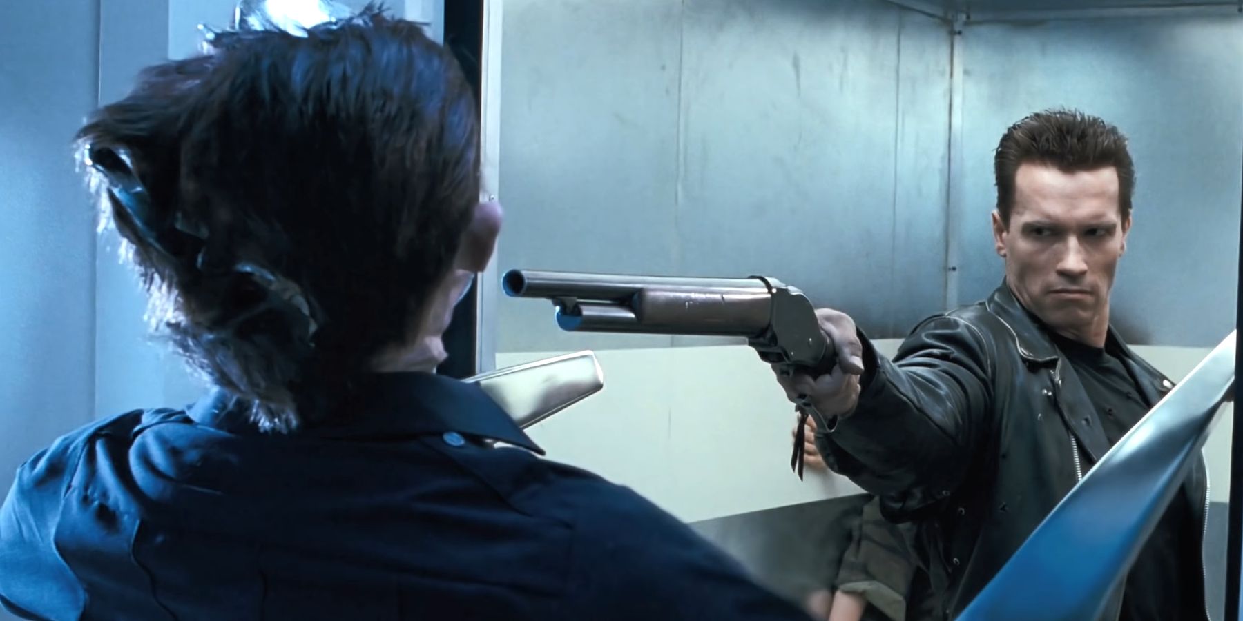 The Terminator blasts the T-1000's head open with a shotgun in Terminator 2
