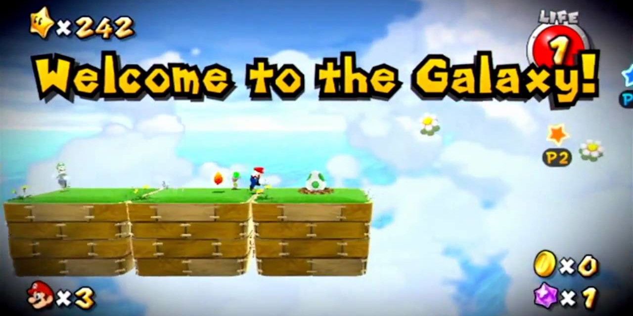 Mario entering Grandmaster Galaxy, which looks like a side-scrolling 2D Mario level