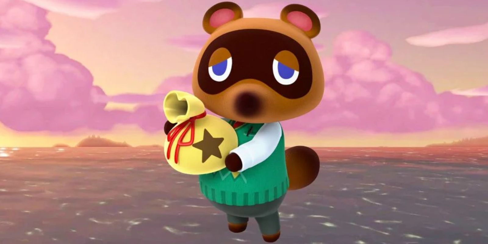 Tom Nook holding a yellow bag while standing in the middle of a road