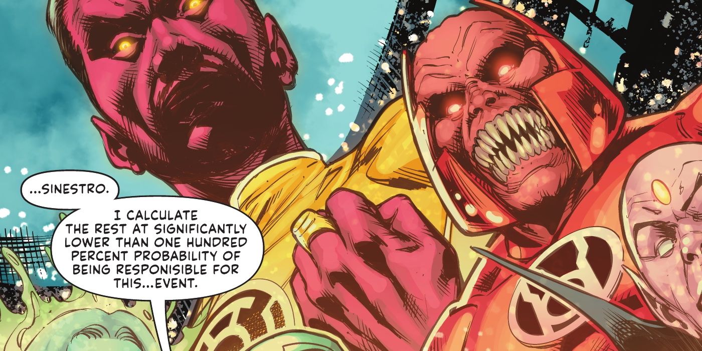 Sinestro clenching his fist and looking down at an evil Red Lantern in DC comics