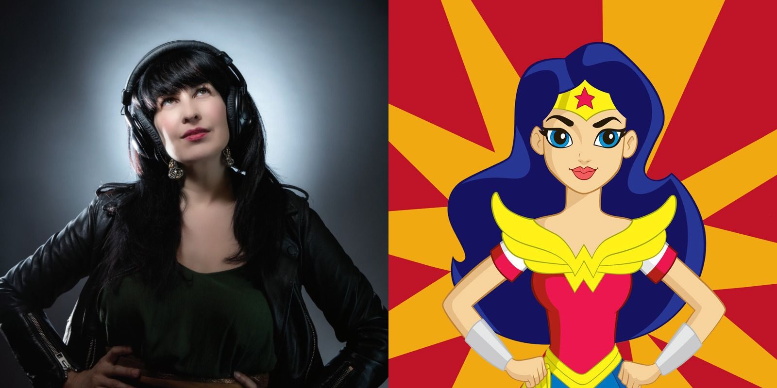 Grey Delisle-Griffin with hands on her hips and Wonder woman with hands on her hips in DC Super Hero Girls