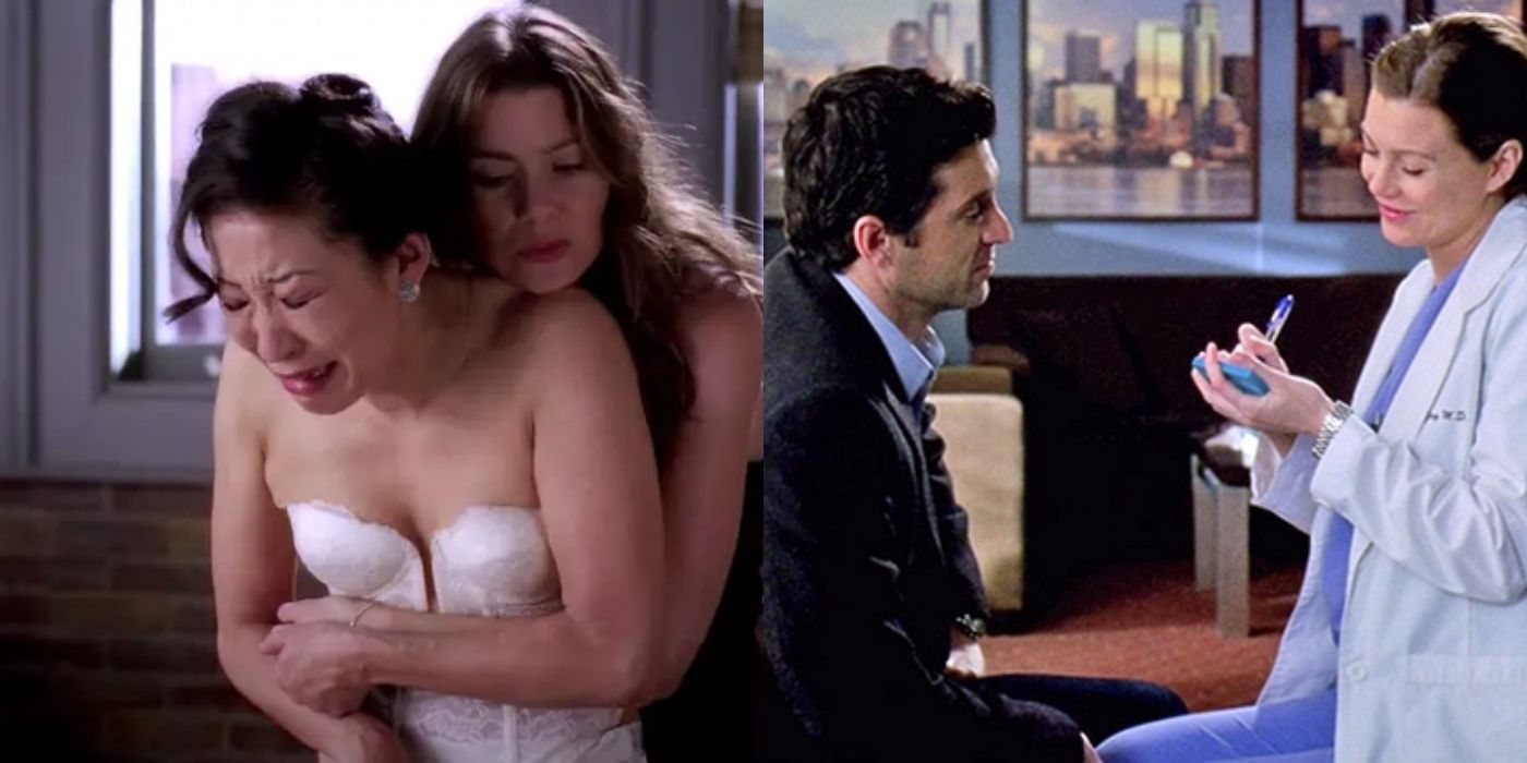 Imagem dividida de Meredith confortando Cristina depois que Burke a deixa e o casamento de post-it de Derek e Meredith em Grey's Anatomy
