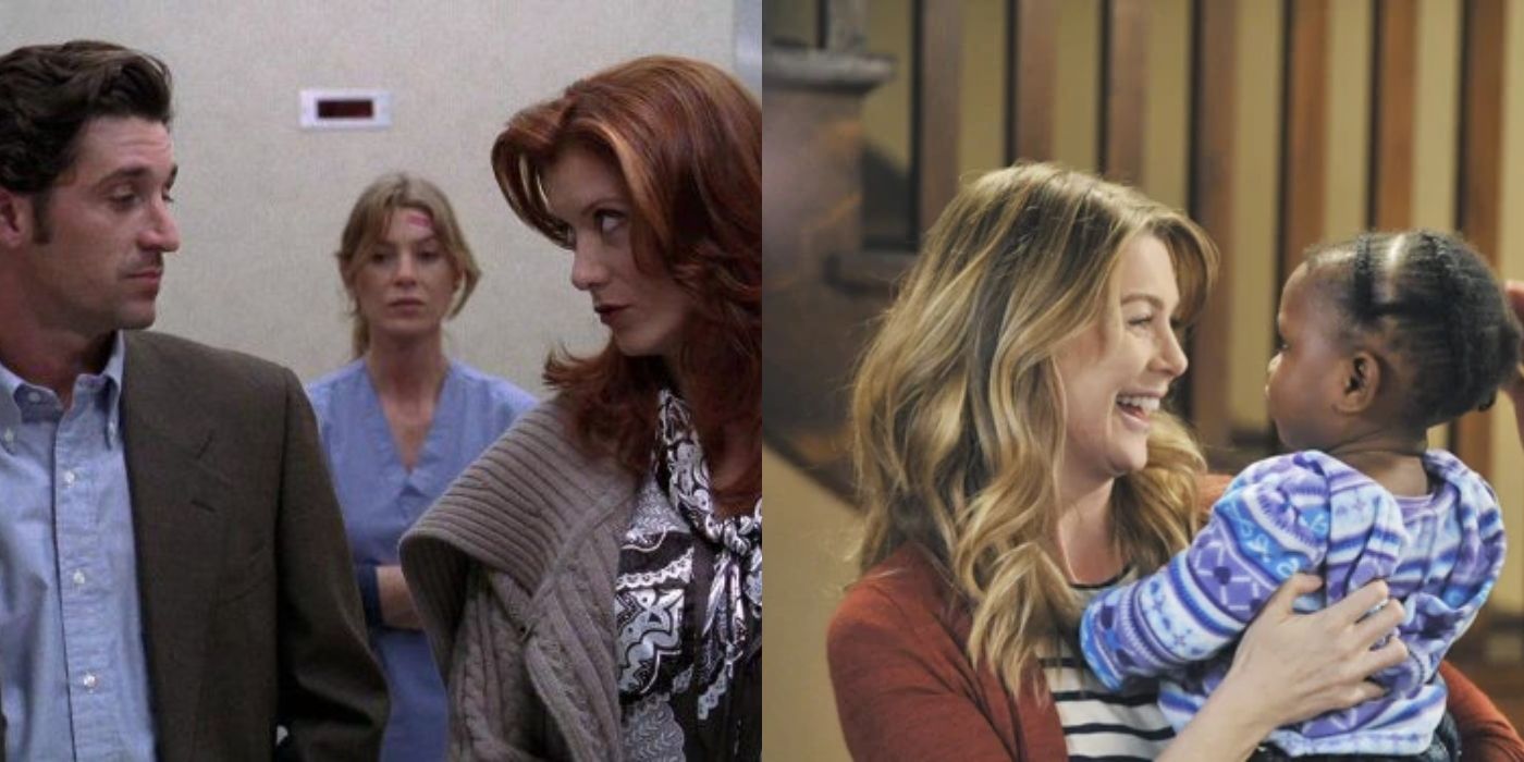 Split featured image of Derek, Meredith, and Addison and Meredith holding Zola on Grey&rsquo;s Anatomy