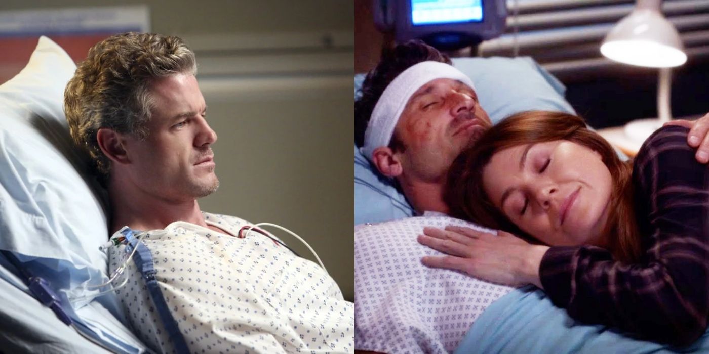 A split image of Mark lying in a hospital bed and Meredith lying with Derek after his death in Grey's Anatomy