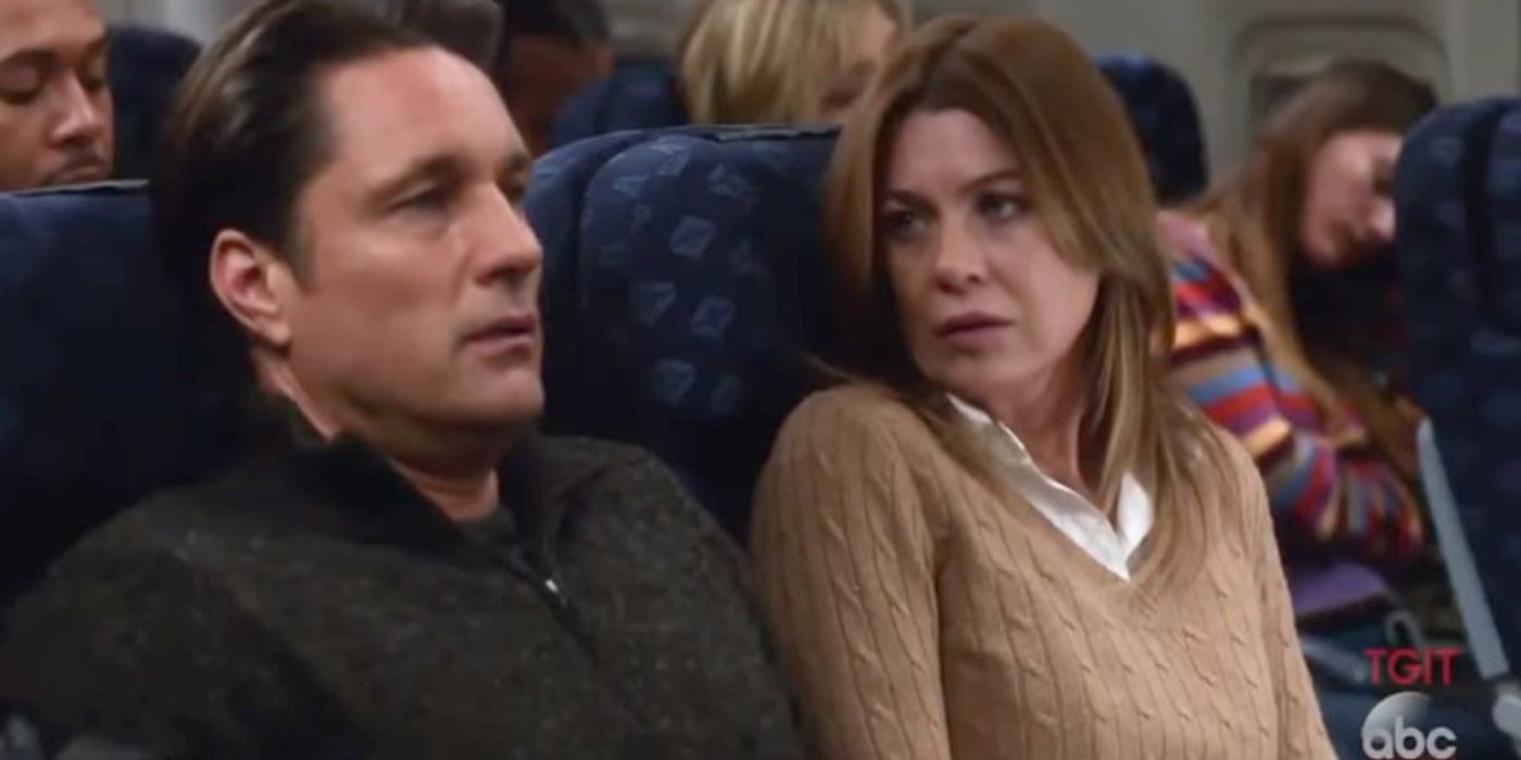 Riggs and Meredith sitting next to each other on a plane on Grey's Anatomy