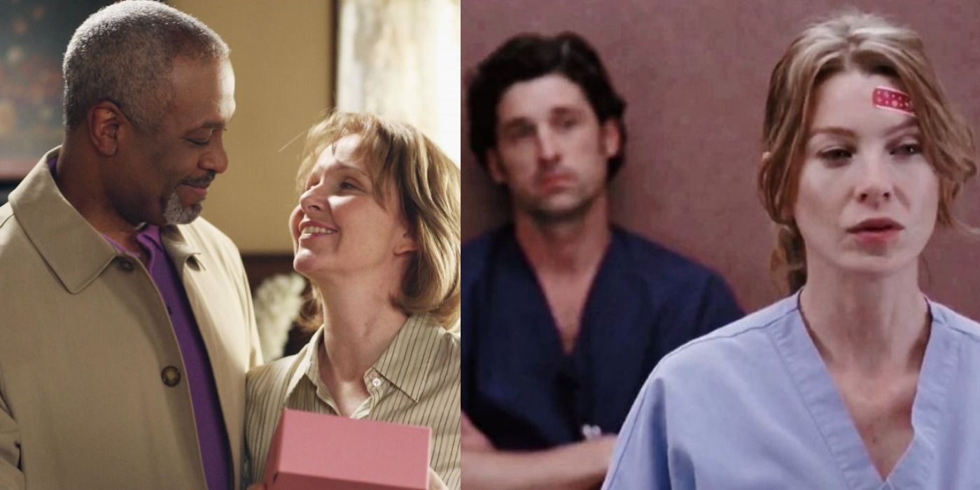 Split image of image of Ellis and Richard smile at each other and Meredith and Derek standing in the elevator in Grey's Anatomy