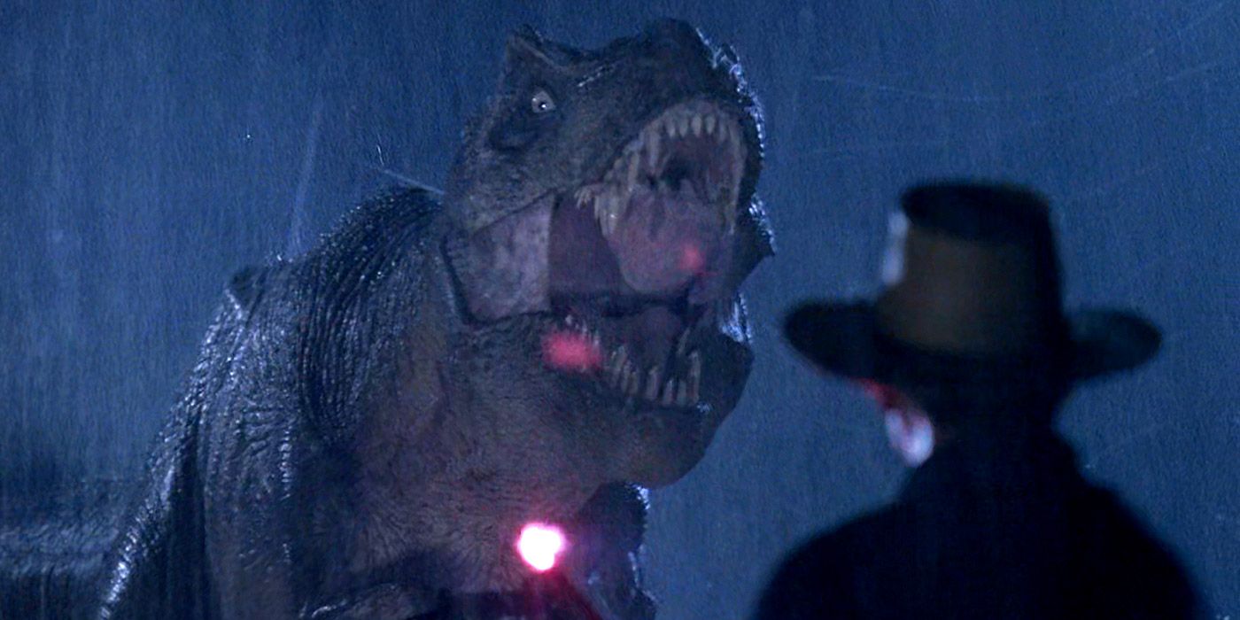 Alan Grant faces down the Tyrannosaurus Rex in Jurassic Park