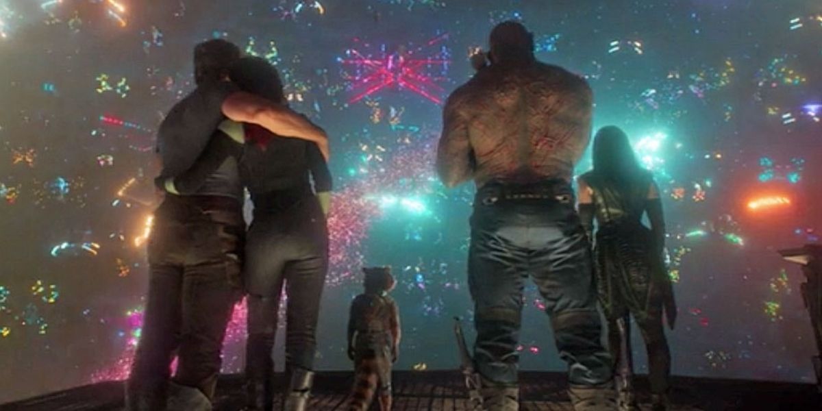 The Guardians watch the Ravager ships at Yondu's funeral in Guardians of the Galaxy Vol. 2