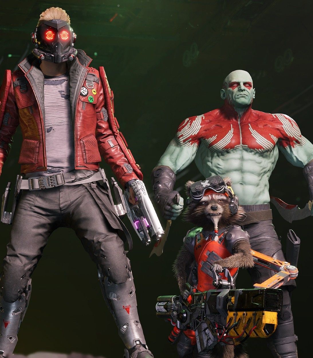 Guardians of the Galaxy game Star Lord, Rocket, and Drax vertical
