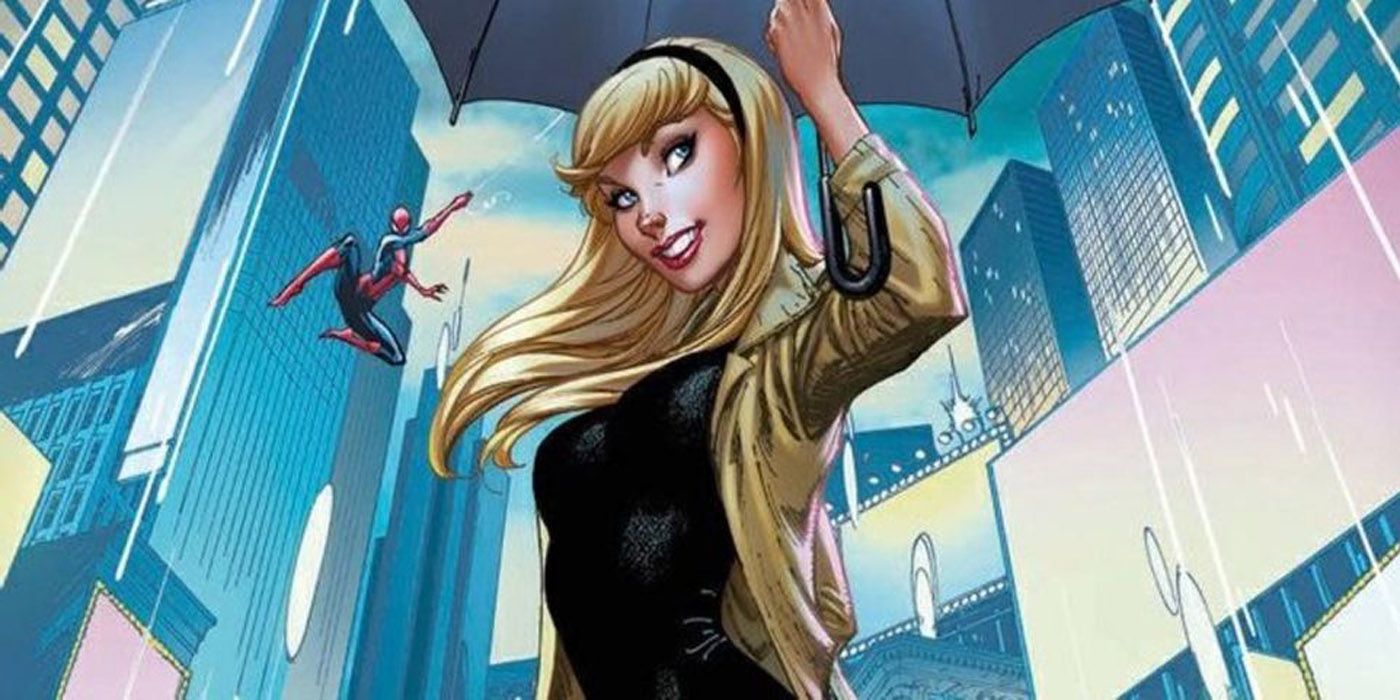 Gwen Stacy with Spider-Man behind her.