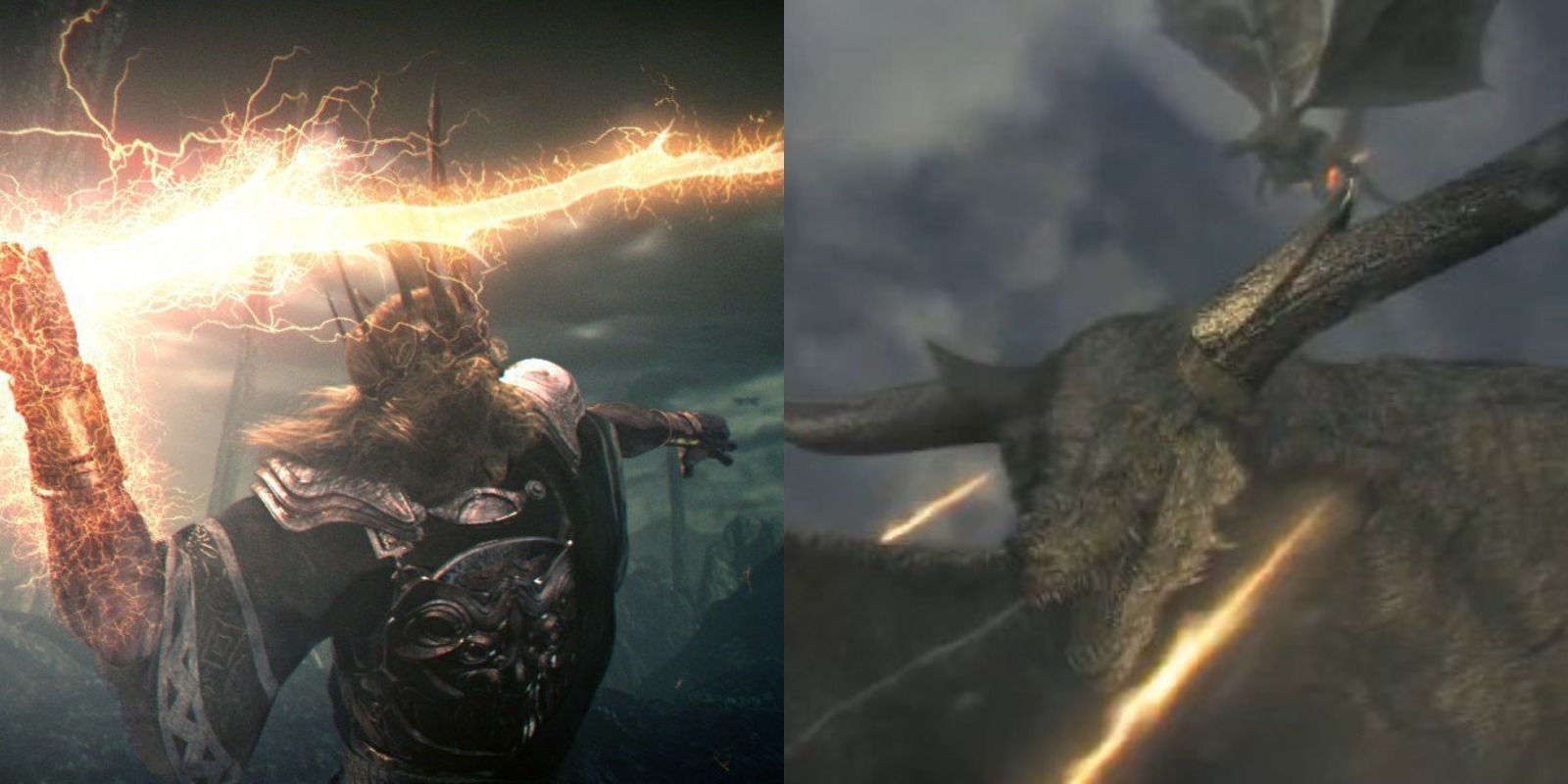 Gwyn throwing lightning spears to defeat the Everlasting Dragons in the Dark Souls prologue.