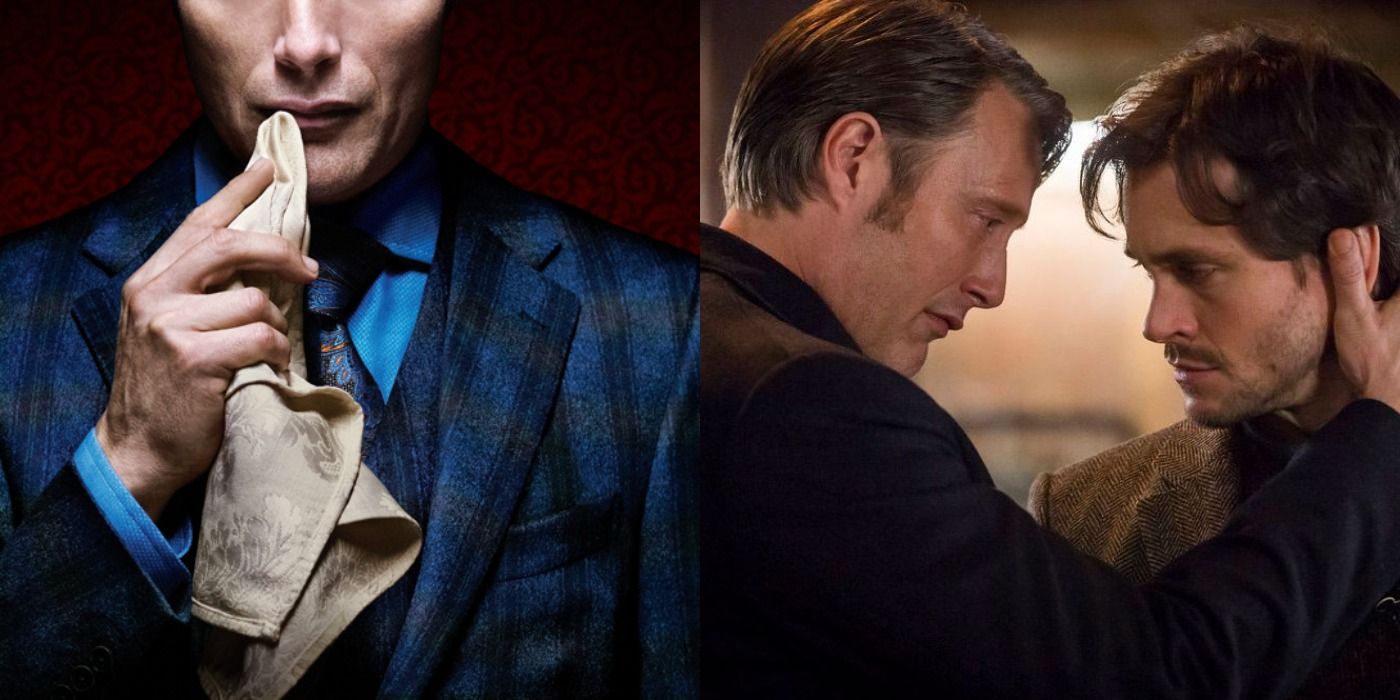 Split image of Hannibal wiping his mouth with a napkin and Hannibal holding Will in an embrace
