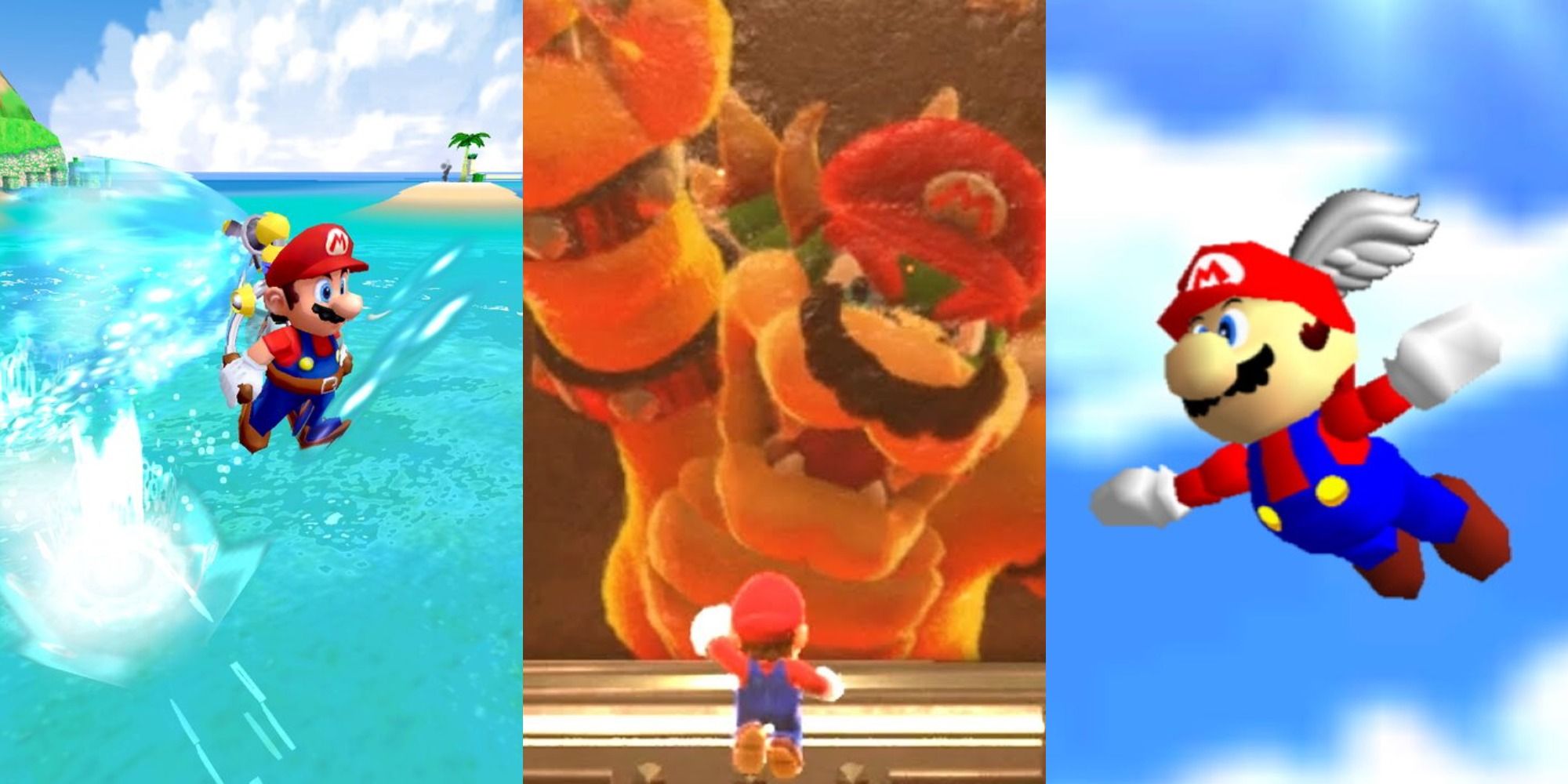 Split image of multiple 3D Mario games.