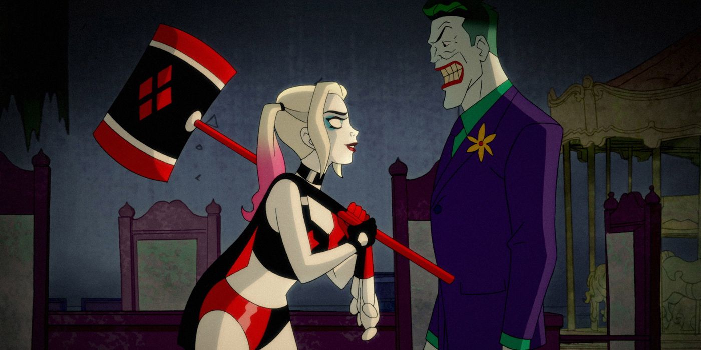 Harley Quinn with her mallet talking to Joker.