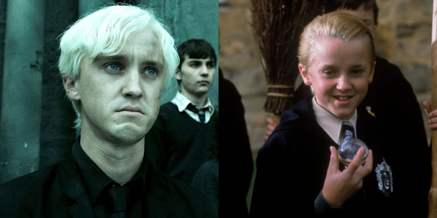 Split image: Draco Malfoy looks glum/ Draco Malfoy holds the remembral