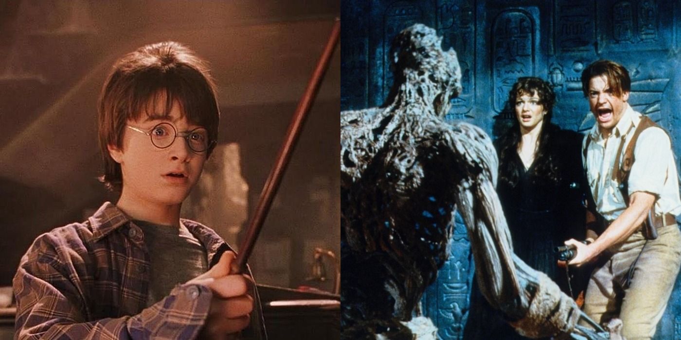 Two side by side images from Harry Potter and The Mummy.