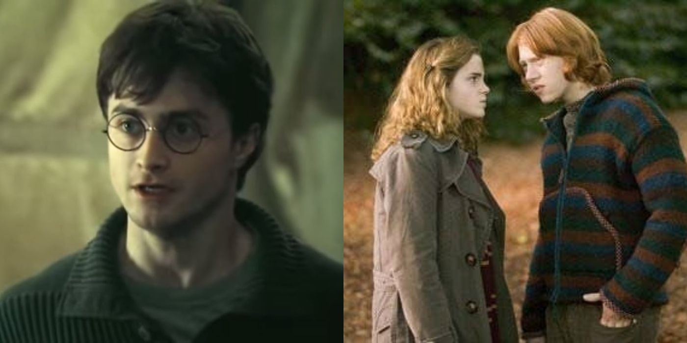 A split image of Harry arguing with Ron and Ron and Hermione arguing in Harry Potter