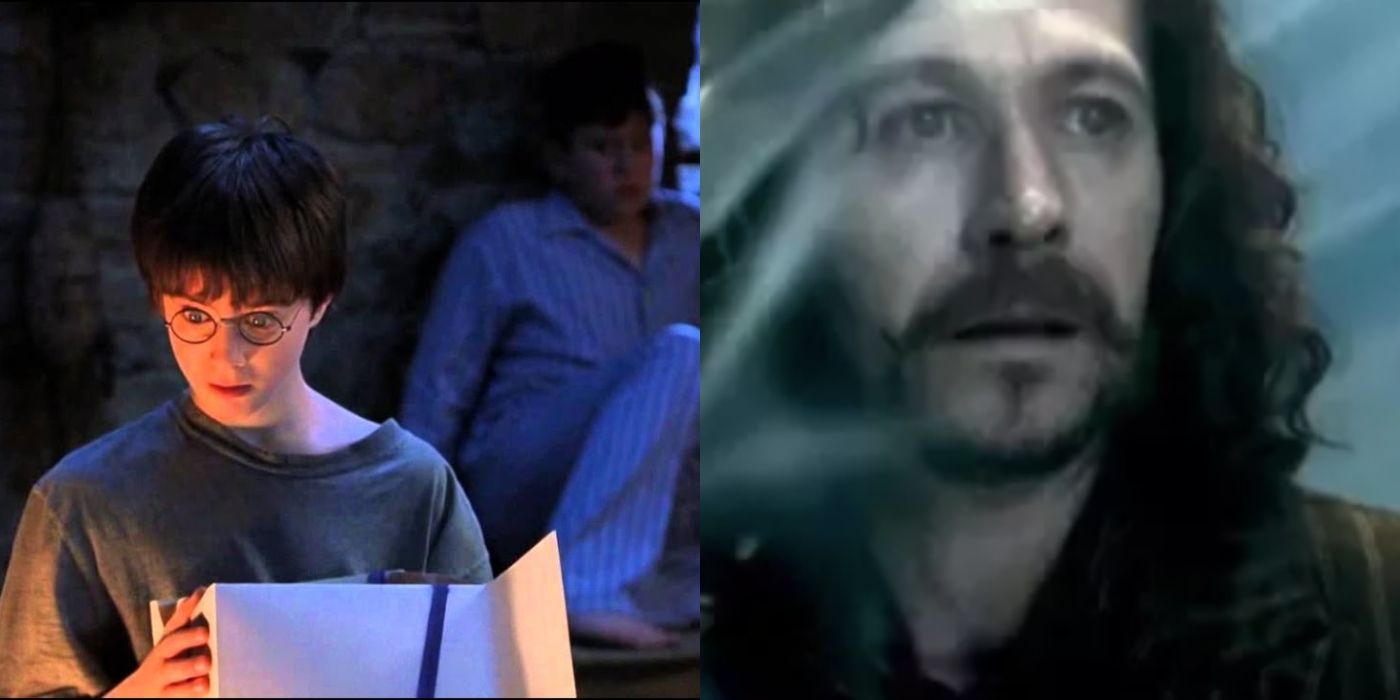 Harry Potter learns he's a wizard next to image of Sirius Black dying