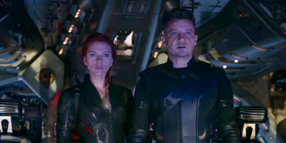 Hawkeye and Black Widow stare out of the Quinjet