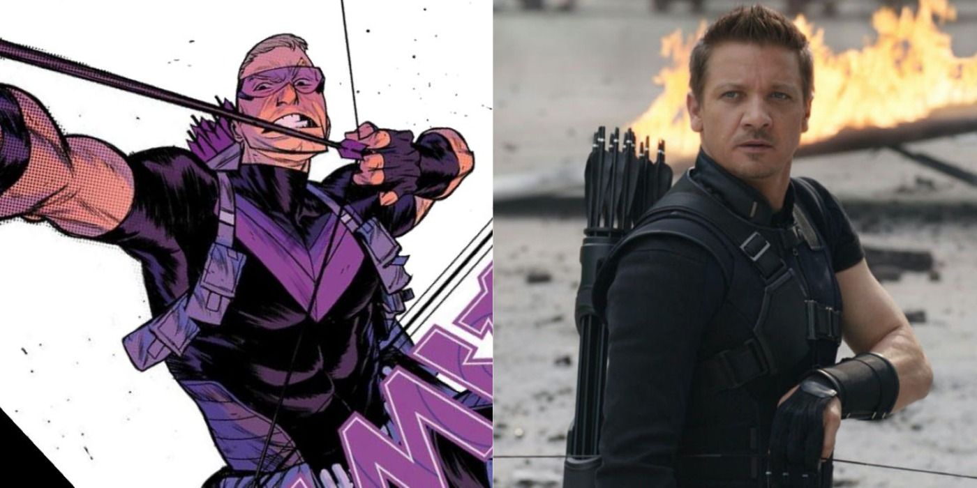 Split image: Hawkeye in the comic/ Hawkeye during the airport fight