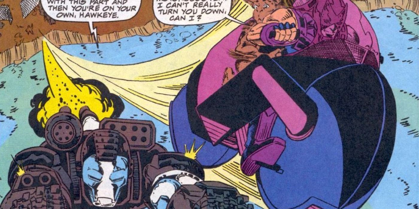 Hawkeye flies on sky cycle beside War Machine in Marvel Comics