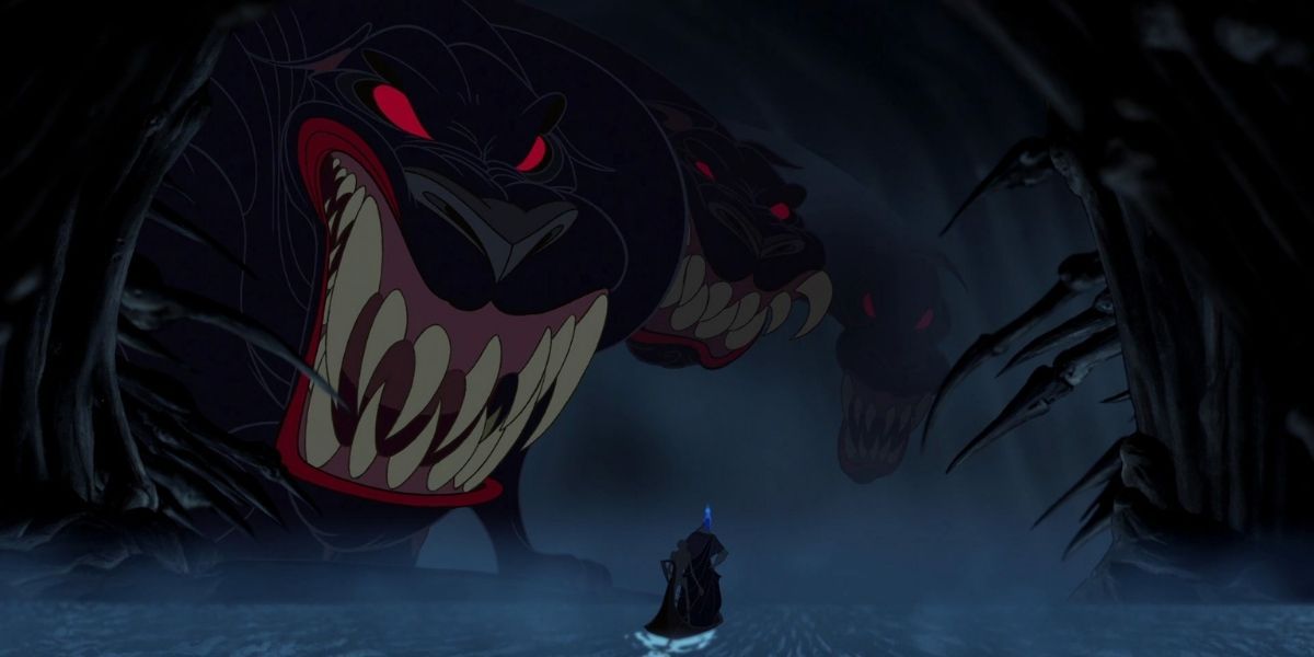 Hades walking by the three-headed dog Cerberus in Disney's Hercules