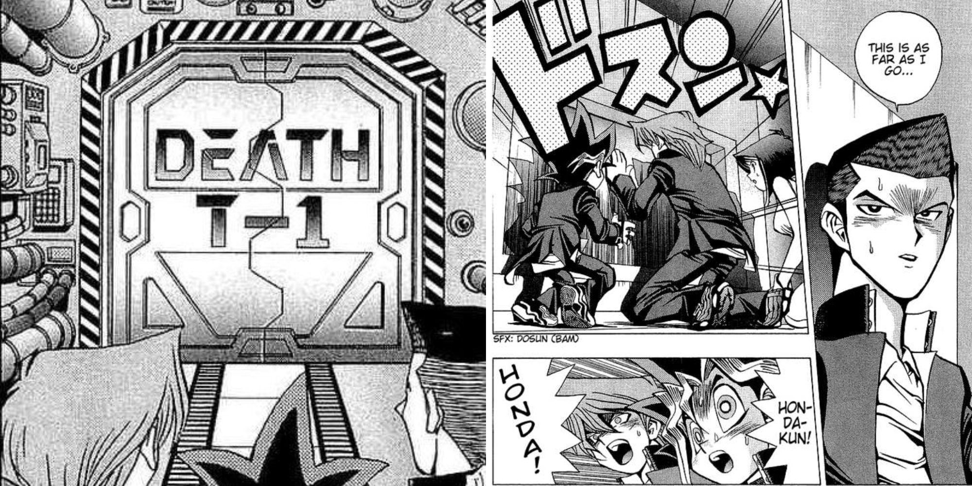 Two images of the Death-T facility in the Yu-Gi-Oh! manga.