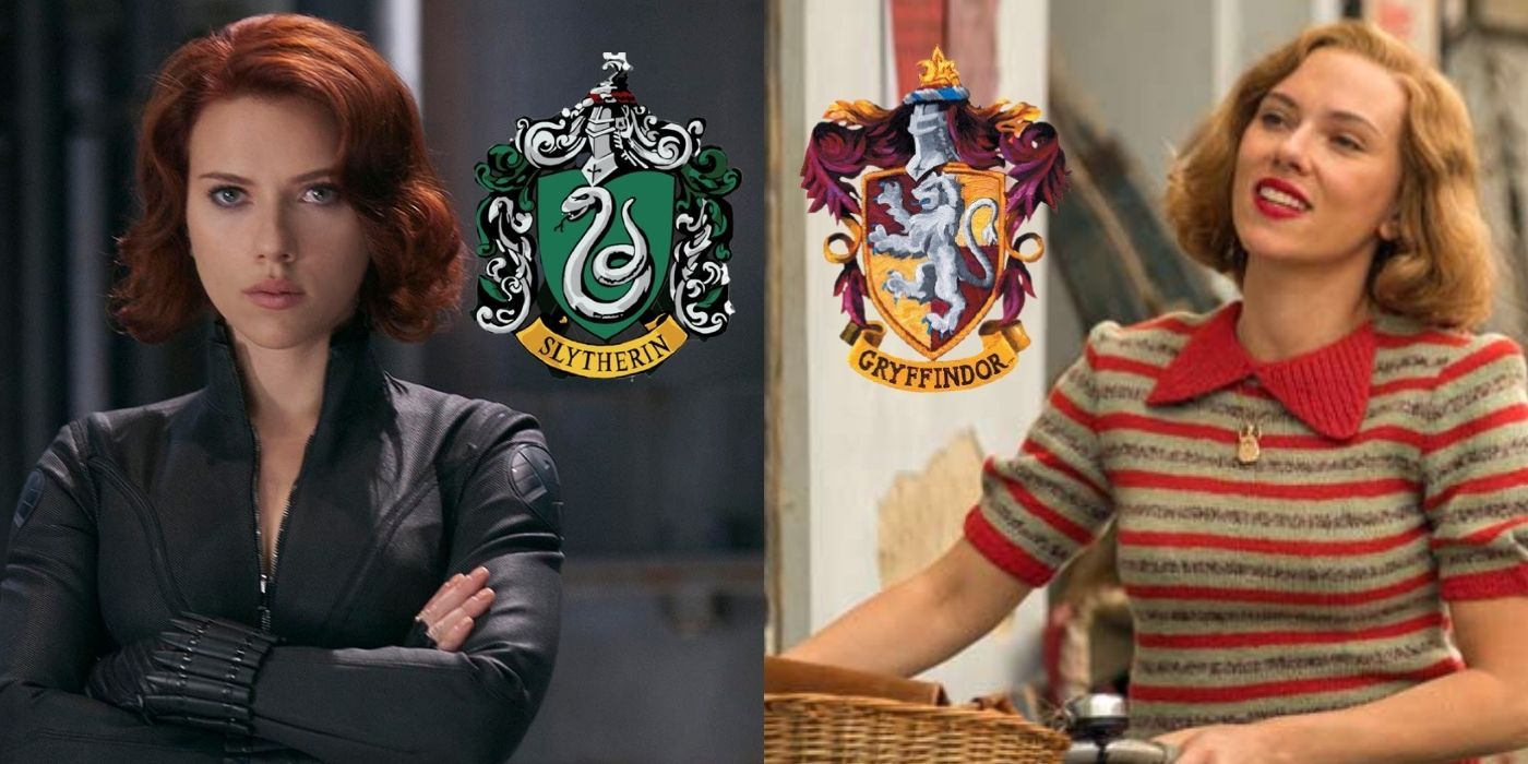 Split image of Black Widow with a Slytherin symbol and Rosie fro Jojo Rabbit with a Gryffindor symbol
