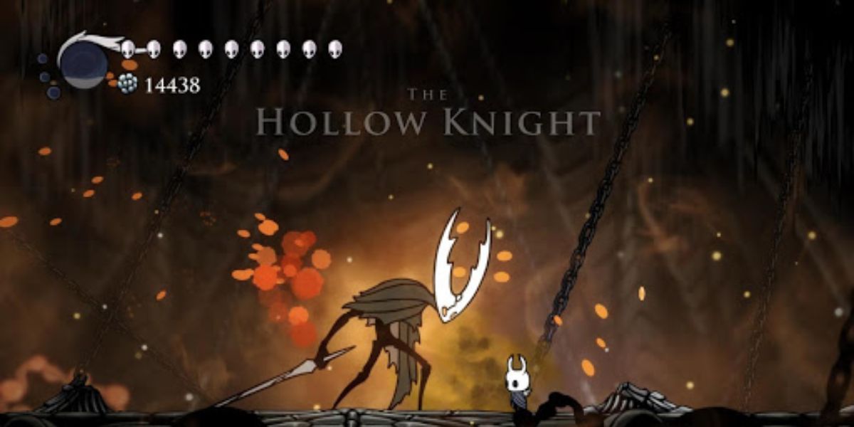 O Hollow Knight assumindo sua postura de batalha de chefe.