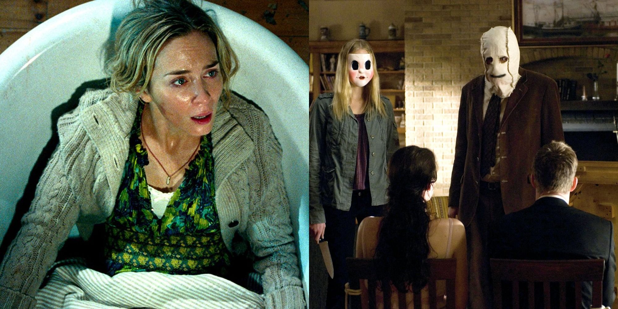Split image of Emily Blunt in A Quiet Place and masked villains in The Strangers