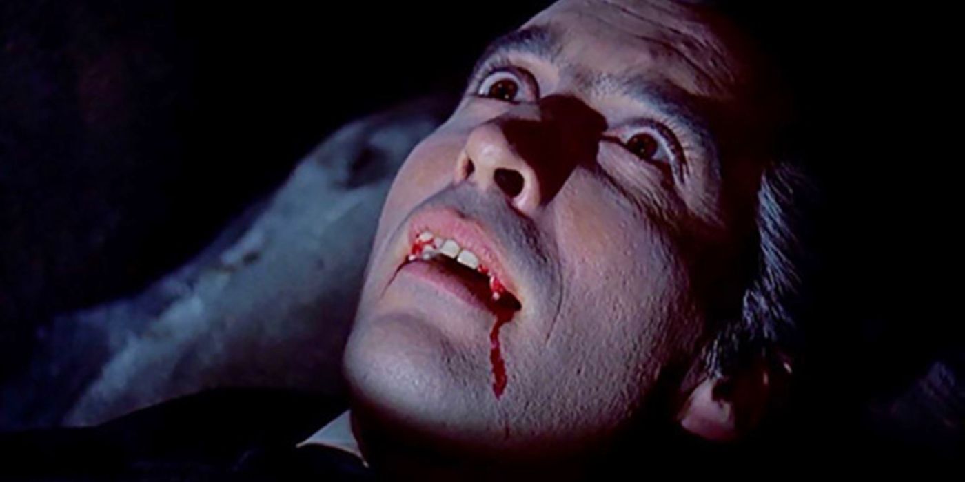 Dracula opens his eyes while laying down in The Horror of Dracula.