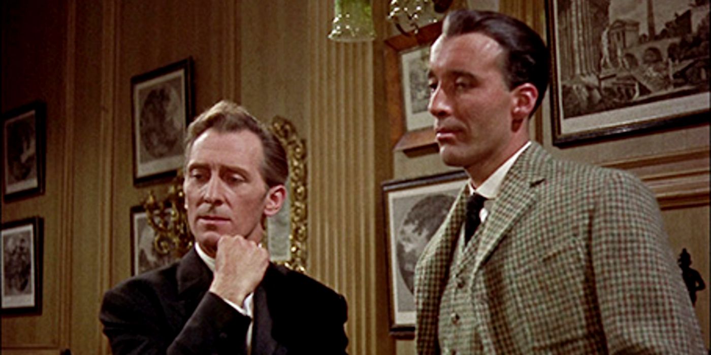 Peter Cushing and Christopher Lee ponder a mystery in Hound of the Baskervilles,