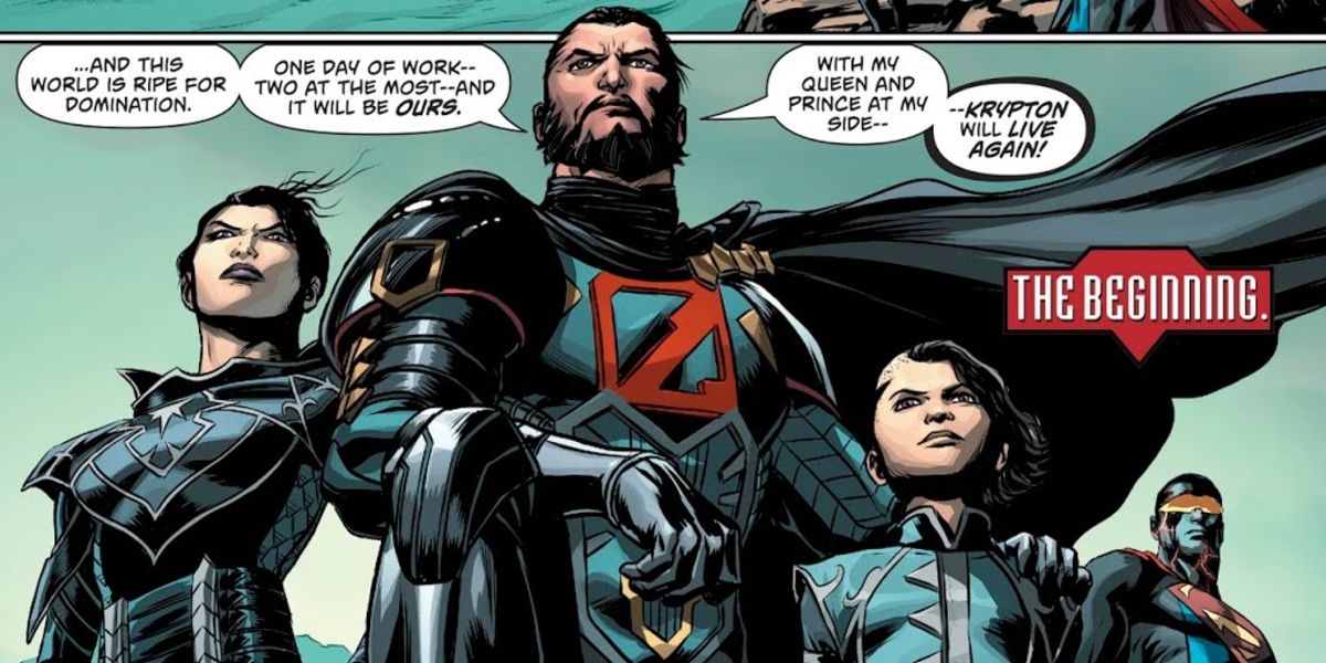 General Zod, Ursa e Lor-Zod inspecionando sua nova casa em Action Comics #984.