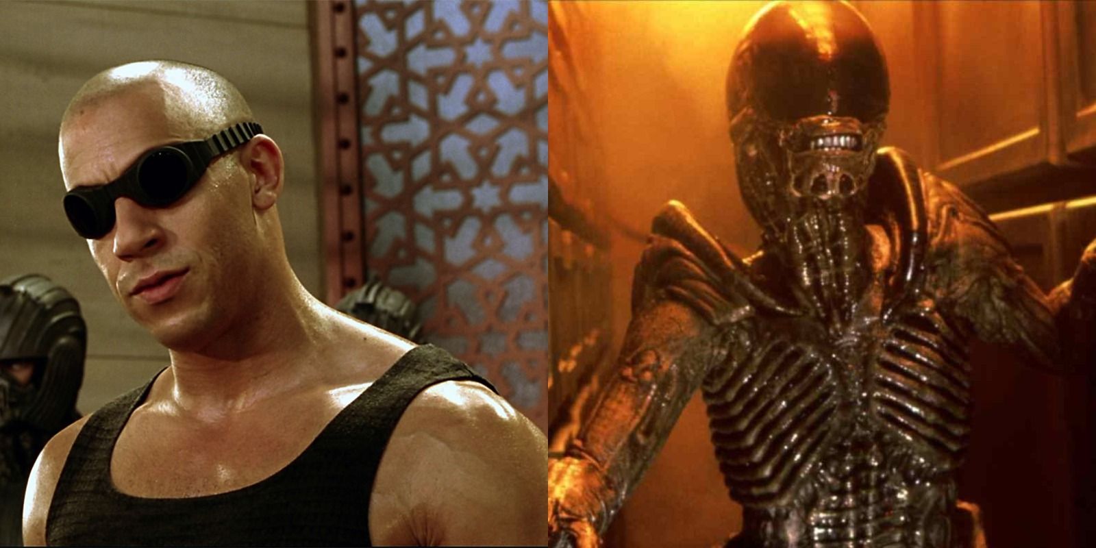 Two side by side images of Vin Diesel in Pitch Black and alien from Alien.