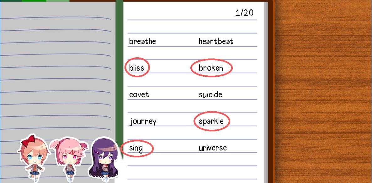 Player selecting words in their poem writing journal in Doki Doki Literature Club Plus
