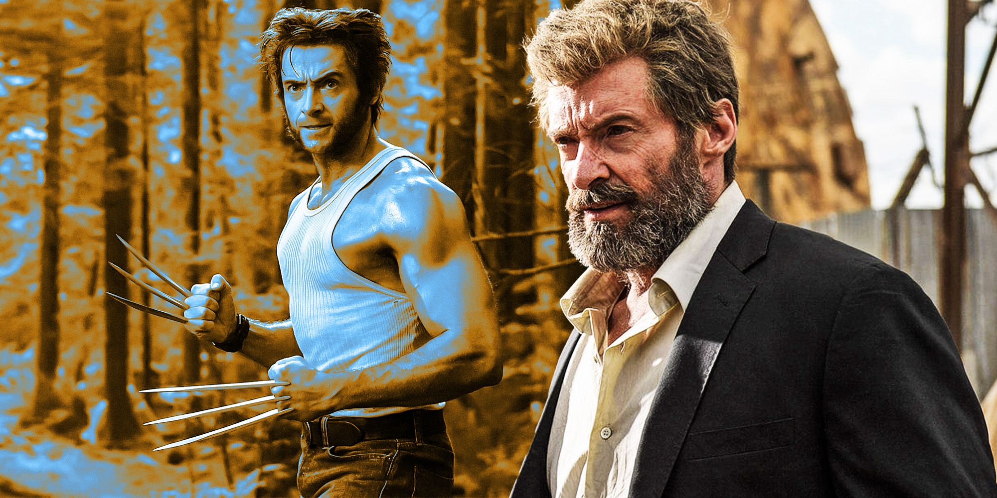 Imagem combinada de Hugh Jackman como Wolverine em X-Men The Last Stand e Logan