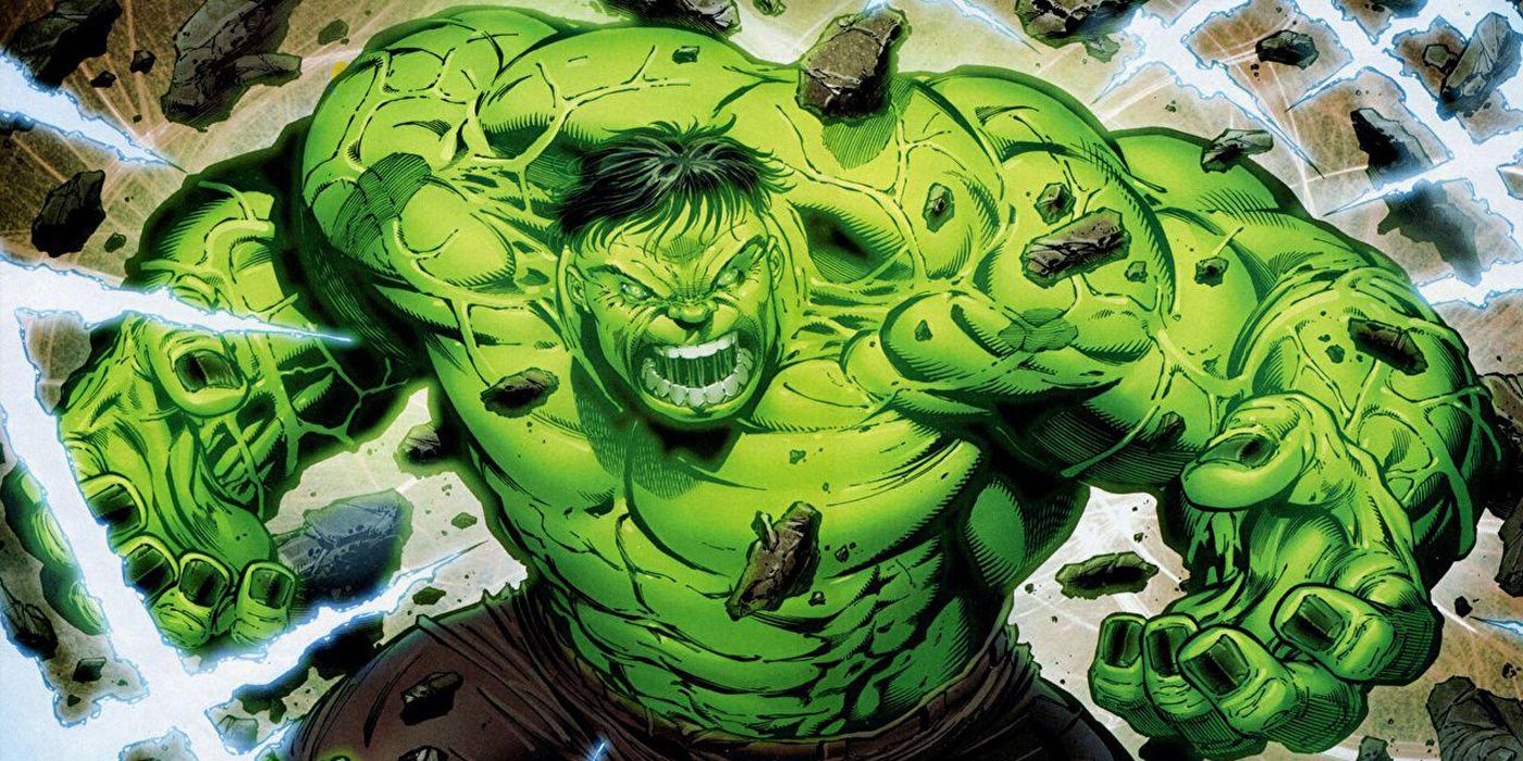 Hulk smashing through a wall in a comic illustration with teeth bared.