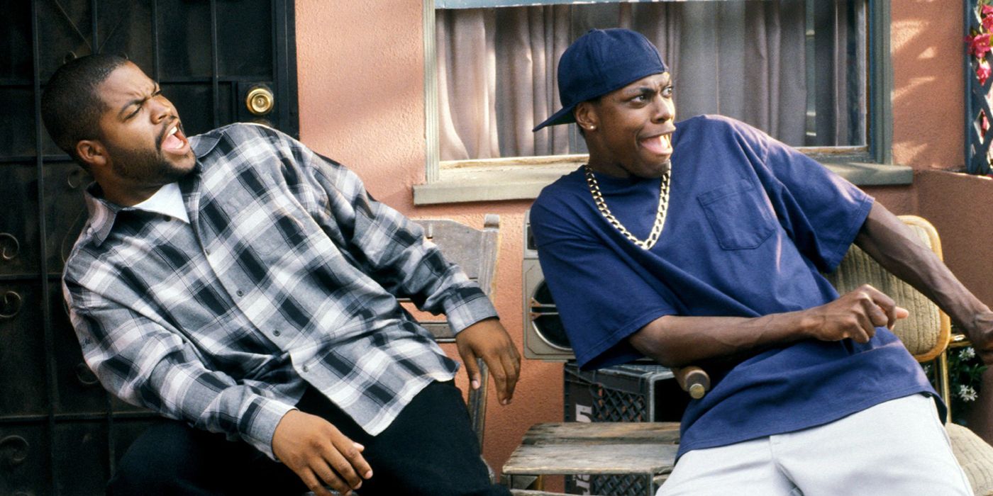 Ice Cube and Chris Tucker in the original Friday movie leaning away from someone off screen