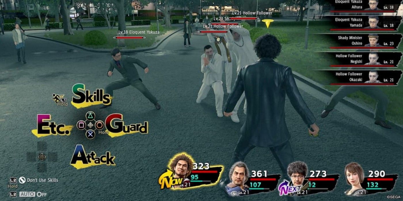 The protagonist of Yakuza Like A Dragon stands in turn based combat with some cultists.
